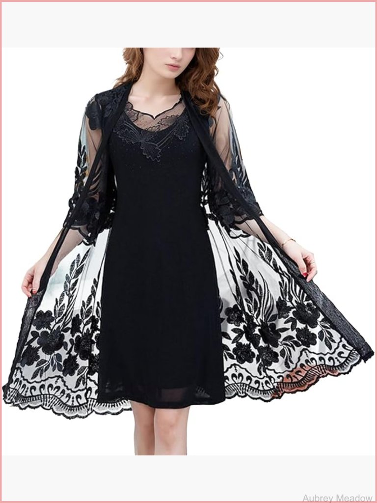 Floral Lace Embroidery Cardigan 3/4 Sleeve Sheer Mid-Long Coat Kimono Coverup